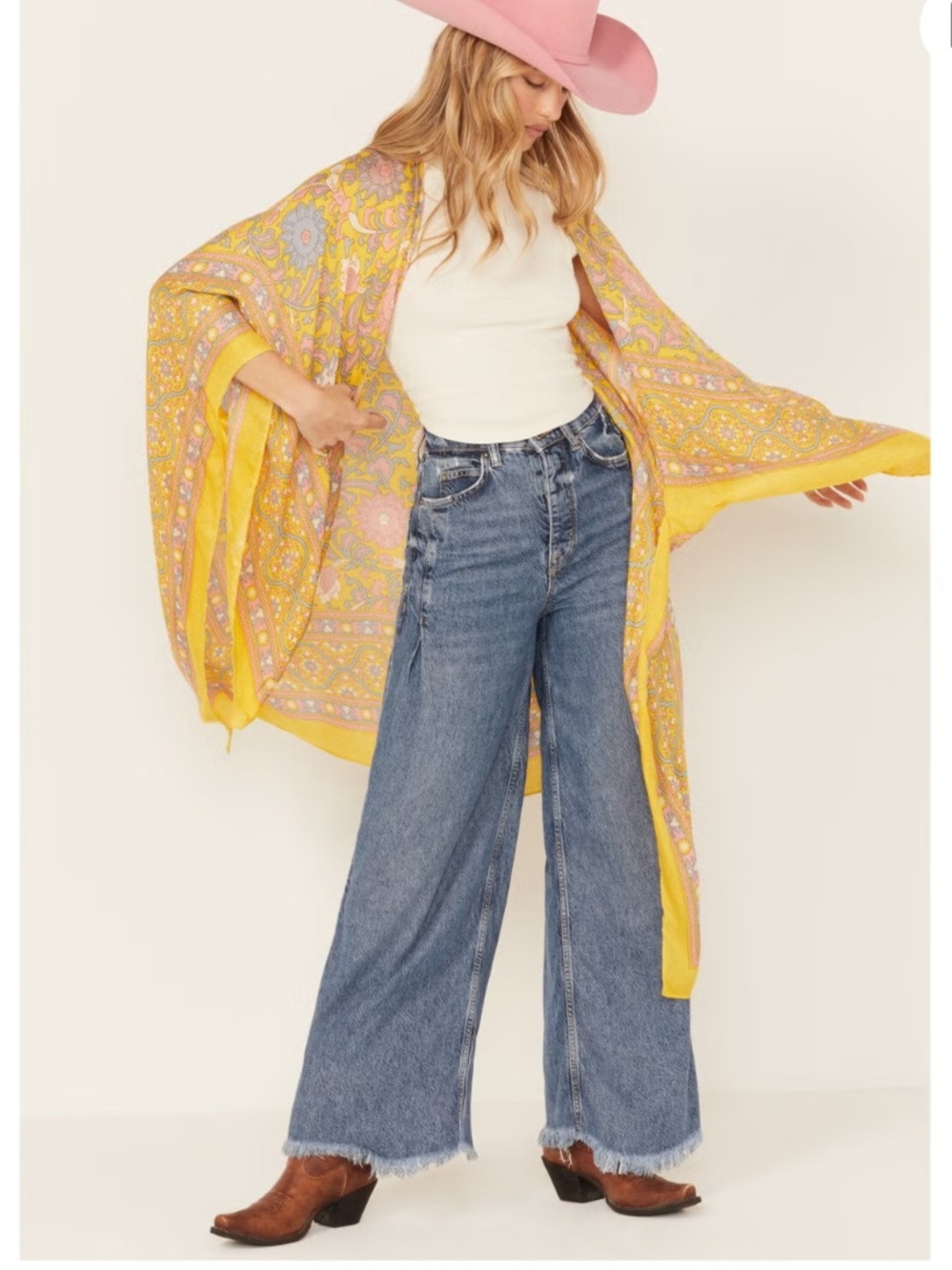 Free People Magic Dance Boho Floral Print Kimono Duster Wrap Yellow Pink O/S